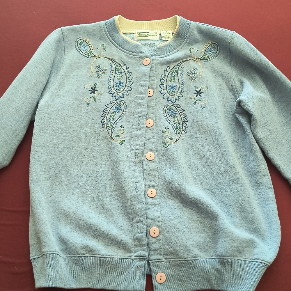 Shenanigans Embroidered Button-Up Cardigan Sweater With Pink Buttons